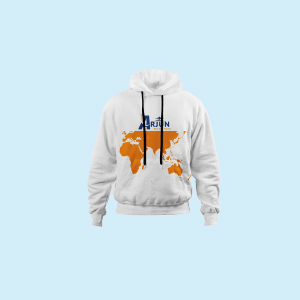 White branded hoodie with orange world map print designed by Jambas Imaging Kampala Uganda