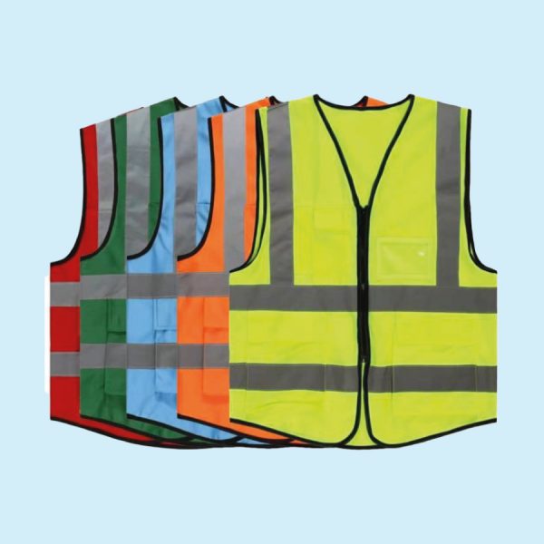 Reflector Jackets Branding Jambas Imaging Uganda High-visibility reflective safety vests in yellow, orange, blue, green, and red colors with reflective strips, zipper front, and utility pockets for workplace safety.