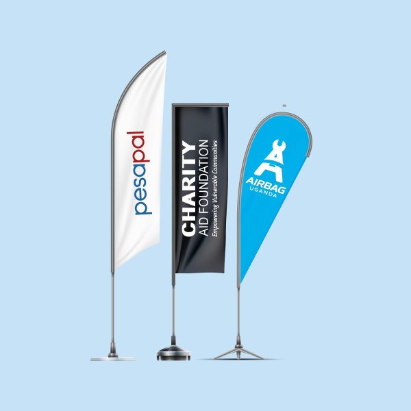 Teardrops Jambas Imaging Kampala Uganda Custom printed teardrop, feather, and rectangular promotional banners on display stands by Jambas Imaging in Kampala, Uganda.